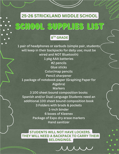 8th Grade Supply List